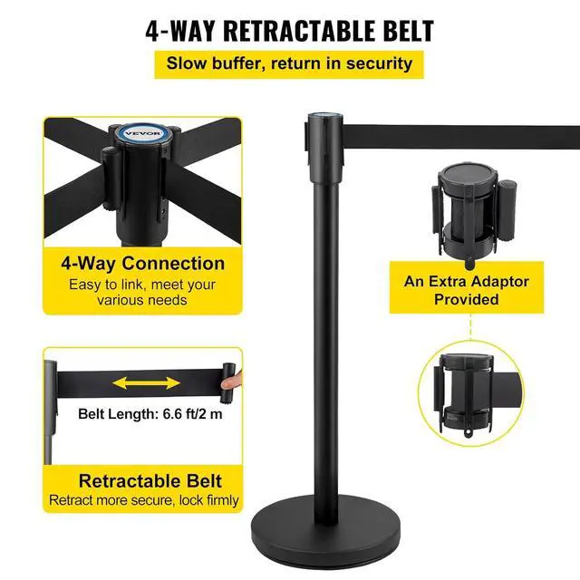 Alt view image 4 of 7 - Crowd Control Stanchion, Set of 4 Pieces Stanchion Set, Stanchion Set with 6.6 ft/2 m Black Retractable Belt, Black Crowd Control Barrier w/Concrete and Metal Base - Easy Connect Assembly