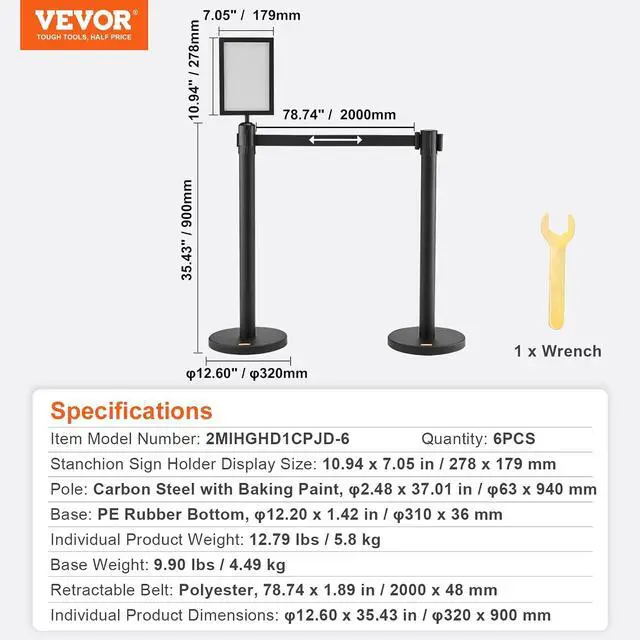 Alt view image 7 of 7 - Crowd Control Stanchions, 6-Pack Crowd Control Barriers, Carbon Steel Baking Painted Stanchion Queue Post with Sign Holder & 3PCS 6.5FT Retractable Belt, Belt Barrier Line Divider, Easy Assembly