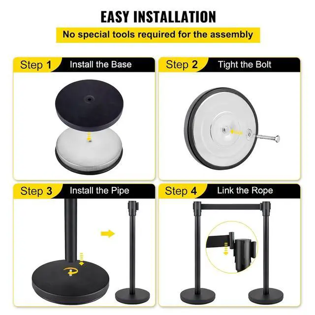 Alt view image 6 of 7 - Crowd Control Stanchion, Set of 4 Pieces Stanchion Set, Stanchion Set with 6.6 ft/2 m Black Retractable Belt, Black Crowd Control Barrier w/Concrete and Metal Base - Easy Connect Assembly