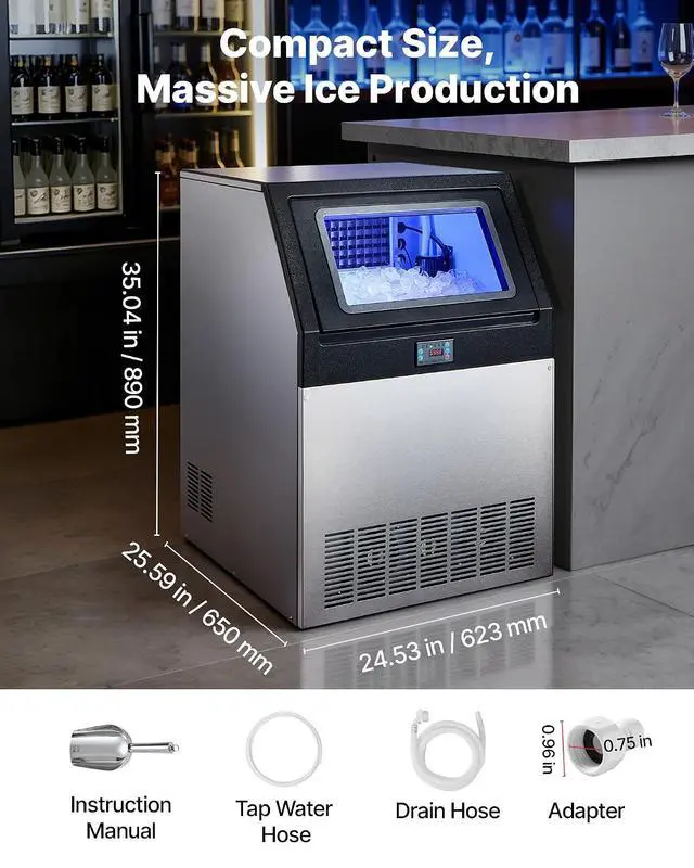 Alt view image 7 of 7 - Commercial Ice Maker Machine, 440 lbs/24h with 85 lbs Storage Capacity, Built-in/Freestanding/Under Counter, Stainless Steel Ice Maker with LED Display & Self-Cleaning, for Home Bar Restaurant