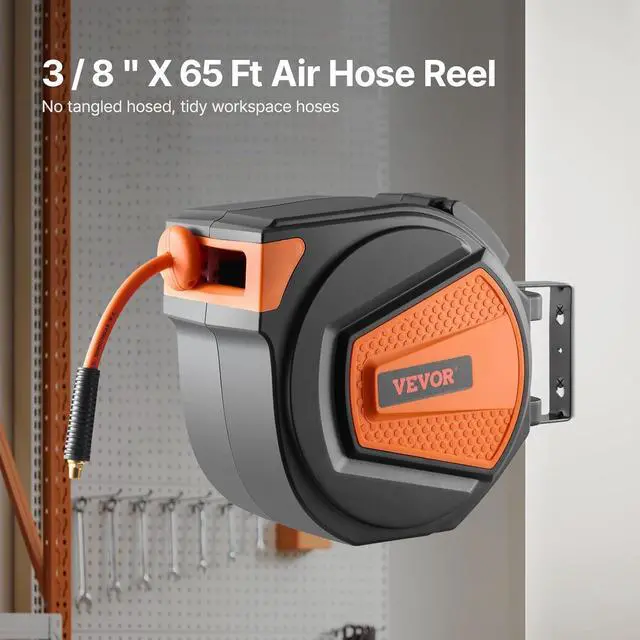Alt view image 2 of 7 - Retractable Air Hose Reel, 3/8IN x 65FT Hybrid Air Hose Max 300PSI, Air Compressor Hose Reel Auto-Rewind with 6.6 FT Lead in, Ceiling/Wall Mount Enclosed PP Reel & Built-in 180° Swivel Bracket