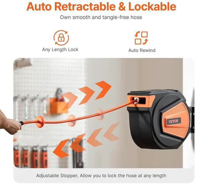 Alt view image 3 of 7 - Retractable Air Hose Reel, 3/8IN x 65FT Hybrid Air Hose Max 300PSI, Air Compressor Hose Reel Auto-Rewind with 6.6 FT Lead in, Ceiling/Wall Mount Enclosed PP Reel & Built-in 180° Swivel Bracket