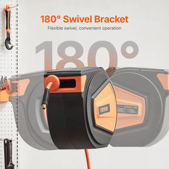 Alt view image 6 of 7 - Retractable Air Hose Reel, 3/8IN x 65FT Hybrid Air Hose Max 300PSI, Air Compressor Hose Reel Auto-Rewind with 6.6 FT Lead in, Ceiling/Wall Mount Enclosed PP Reel & Built-in 180° Swivel Bracket