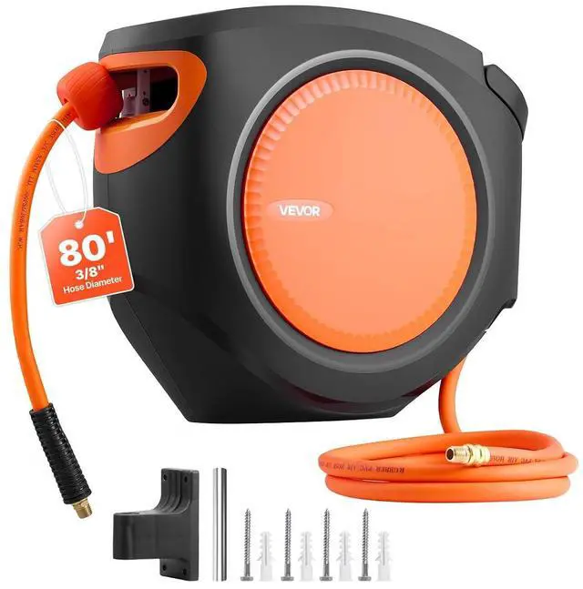 Main image of Retractable Air Hose Reel, 3/8 Inch x 80 FT Hybrid Air Hose Max 300PSI, Enclosed Air-Compressor Hoses Reel Auto Rewind with 6.6 ft Lead in, 180° Swivel Ceiling/Wall Mount for Workshops