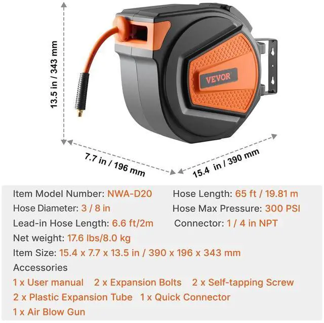Alt view image 7 of 7 - Retractable Air Hose Reel, 3/8IN x 65FT Hybrid Air Hose Max 300PSI, Air Compressor Hose Reel Auto-Rewind with 6.6 FT Lead in, Ceiling/Wall Mount Enclosed PP Reel & Built-in 180° Swivel Bracket