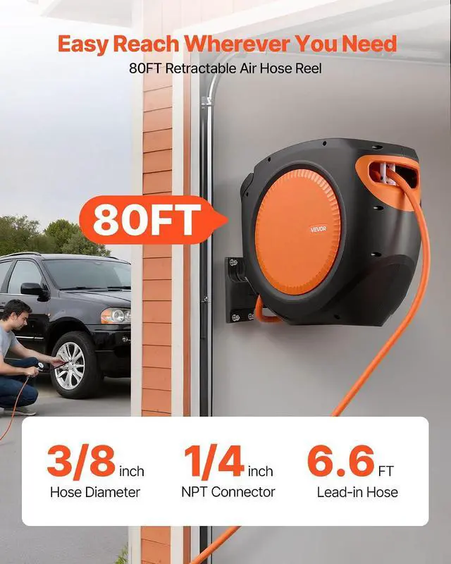 Alt view image 2 of 7 - Retractable Air Hose Reel, 3/8 Inch x 80 FT Hybrid Air Hose Max 300PSI, Enclosed Air-Compressor Hoses Reel Auto Rewind with 6.6 ft Lead in, 180° Swivel Ceiling/Wall Mount for Workshops