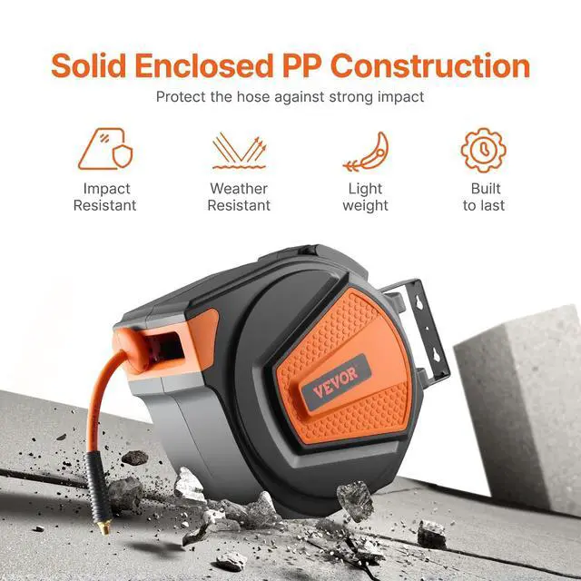 Alt view image 5 of 7 - Retractable Air Hose Reel, 3/8IN x 65FT Hybrid Air Hose Max 300PSI, Air Compressor Hose Reel Auto-Rewind with 6.6 FT Lead in, Ceiling/Wall Mount Enclosed PP Reel & Built-in 180° Swivel Bracket