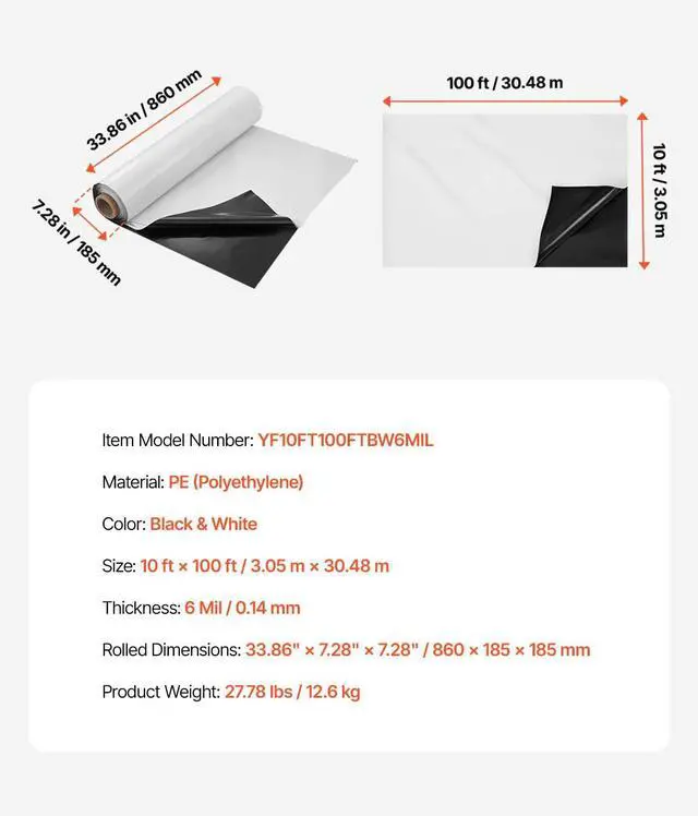 Alt view image 7 of 7 - 10' x 100' Plastic Sheeting Heavy Duty, 6 Mil Thick Plastic Sheeting Roll, Plastic Drop Cloth Painters Tarp Covering for Crawl Space Vapor Barrier, Black and White Double-Sided, Multi-Purpose