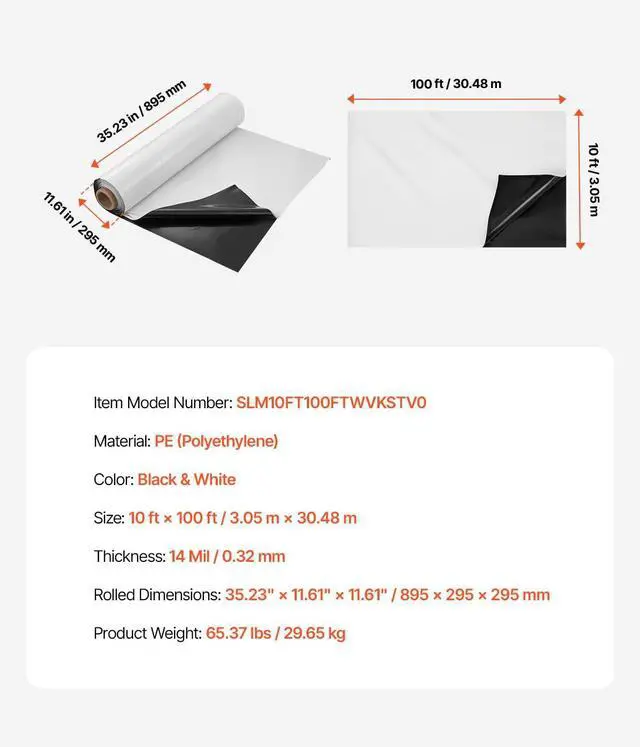 Alt view image 7 of 7 - 14 Mil Plastic Sheeting Heavy Duty 10' x 100', Thick Plastic Sheeting Roll, Plastic Drop Cloth Painters Tarp Covering for Crawl Space Vapor Barrier, Black and White Double-Sided, Multi-Purpose