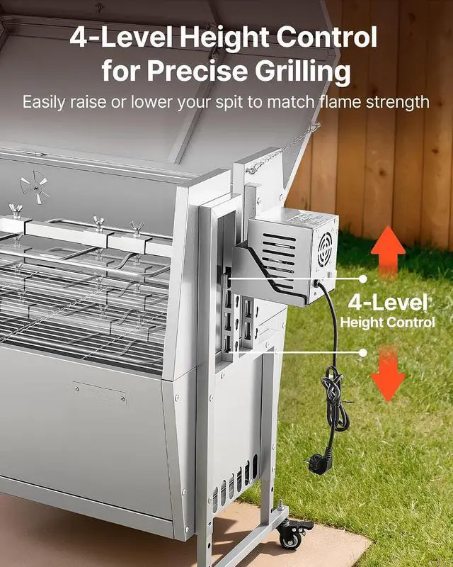 Alt view image 4 of 7 - Rotisserie Grill, 46in BBQ Outdoor Pig & Lamb Spit Roaster, Charcoal Spit Roaster with 132 LBS Capacity, Wheels & 4-Level Height, Stainless Steel Rotisserie Grill Kit for Camping Outdoor Parties