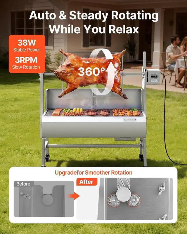 Alt view image 5 of 7 - Rotisserie Grill, 38W Stainless Steel BBQ Outdoor Pig & Lamb Spit Roaster, 132 LBS Load Capacity Charcoal Spit Roaster with 7-Level Height, Electric Rotisserie Grill Kit for Camping Outdoor