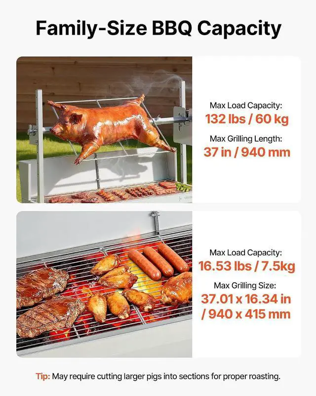 Alt view image 6 of 7 - Rotisserie Grill, 38W Stainless Steel BBQ Outdoor Pig & Lamb Spit Roaster, 132 LBS Load Capacity Charcoal Spit Roaster with 7-Level Height, Electric Rotisserie Grill Kit for Camping Outdoor