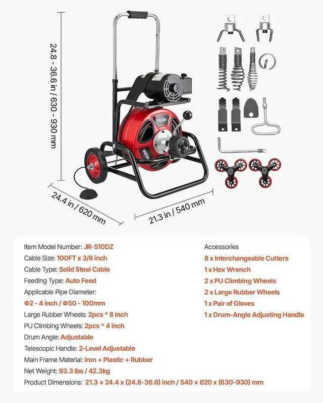 Alt view image 7 of 7 - Drain Cleaner Machine 100 FT x 3/8 Inch, Auto Feed Sewer Snake Auger, Portable Drain Cleaning Machine with Climbing Wheels, Adjustable Drum, 8 Cutters & Foot Switch for 2" to 4" Pipes