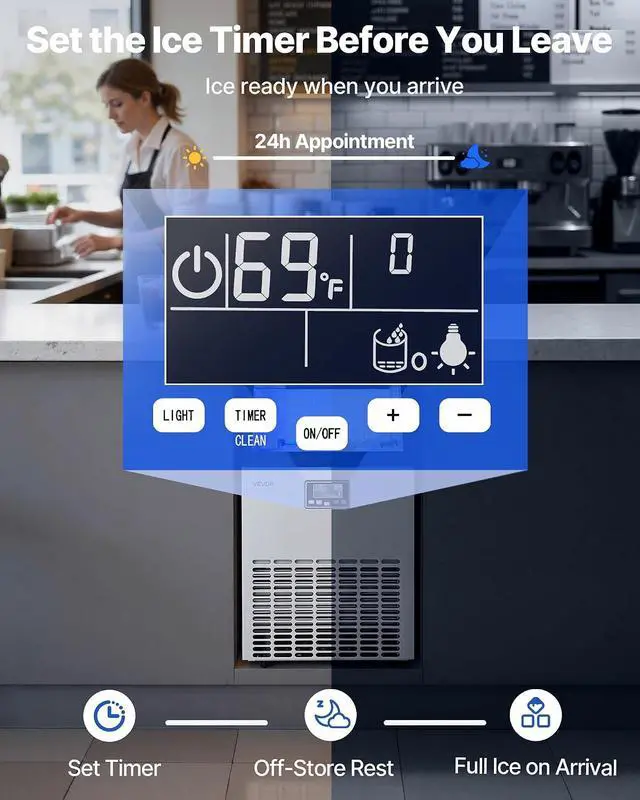 Alt view image 5 of 7 - Commercial Ice Maker Machine, 100 lbs/24h with 26 lbs Storage Capacity, Crescent Ice,Built-in/Freestanding/Under Counter, Stainless Steel Ice Maker with LED Display for Home Bar Restaurant