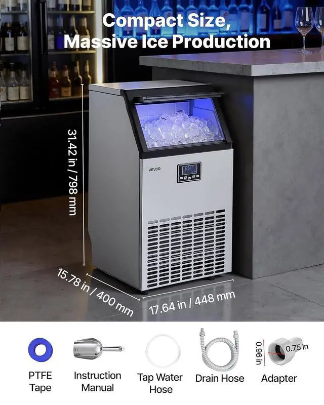 Alt view image 7 of 7 - Commercial Ice Maker Machine, 100 lbs/24h with 26 lbs Storage Capacity, Crescent Ice,Built-in/Freestanding/Under Counter, Stainless Steel Ice Maker with LED Display for Home Bar Restaurant