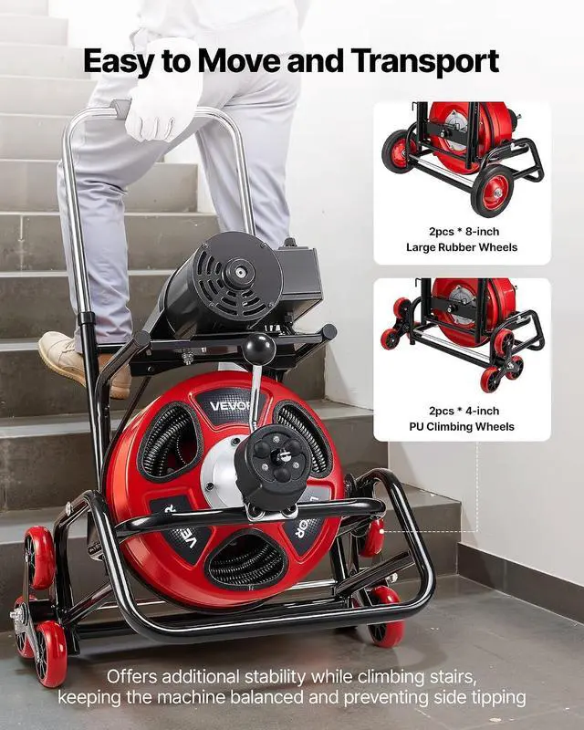 Alt view image 4 of 7 - Drain Cleaner Machine 100 FT x 1/2 Inch, Auto Feed Sewer Snake Auger, Portable Drain Cleaning Machine with Climbing Wheels, Adjustable Drum, 8 Cutters & Foot Switch for 2" to 6" Pipes