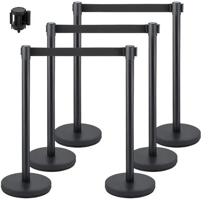 Main image of Crowd Control Stanchion Set, Stanchion Set with 6.6 ft/2 m Black Retractable Belt, Black Crowd Control Barrier w/Concrete and Solid Metal Base - Easy Connect Assembly (6)