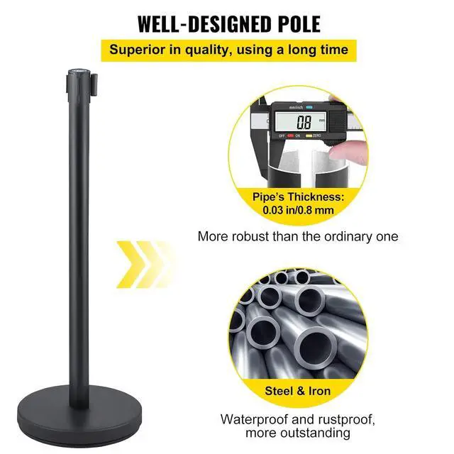 Alt view image 3 of 7 - Crowd Control Stanchion Set, Stanchion Set with 6.6 ft/2 m Black Retractable Belt, Black Crowd Control Barrier w/Concrete and Solid Metal Base - Easy Connect Assembly (6)