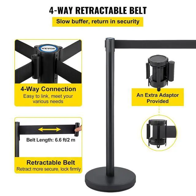 Alt view image 4 of 7 - Crowd Control Stanchion Set, Stanchion Set with 6.6 ft/2 m Black Retractable Belt, Black Crowd Control Barrier w/Concrete and Solid Metal Base - Easy Connect Assembly (6)