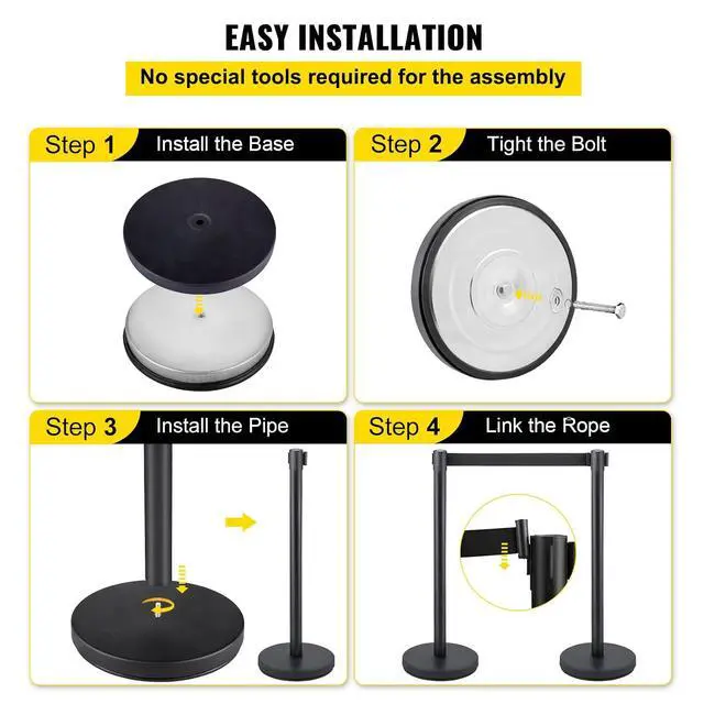 Alt view image 6 of 7 - Crowd Control Stanchion Set, Stanchion Set with 6.6 ft/2 m Black Retractable Belt, Black Crowd Control Barrier w/Concrete and Solid Metal Base - Easy Connect Assembly (6)