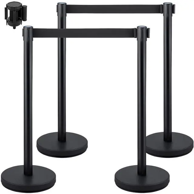 Main image of Crowd Control Stanchion Set, Stanchion Set with 6.6 ft/2 m Black Retractable Belt, Black Crowd Control Barrier w/Concrete and Metal Base - Easy Connect Assembly (4)