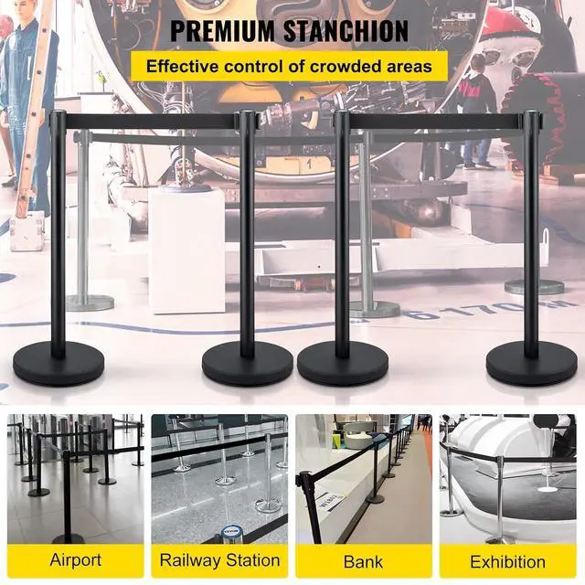 Alt view image 2 of 7 - Crowd Control Stanchion Set, Stanchion Set with 6.6 ft/2 m Black Retractable Belt, Black Crowd Control Barrier w/Concrete and Metal Base - Easy Connect Assembly (4)
