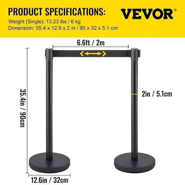 Alt view image 7 of 7 - Crowd Control Stanchion Set, Stanchion Set with 6.6 ft/2 m Black Retractable Belt, Black Crowd Control Barrier w/Concrete and Solid Metal Base - Easy Connect Assembly (6)
