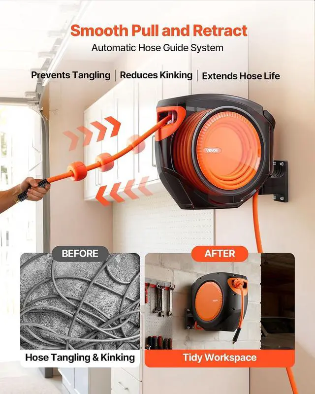 Alt view image 4 of 7 - Retractable Air Hose Reel, 3/8 Inch x 80 FT Hybrid Air Hose Max 300PSI, Enclosed Air-Compressor Hoses Reel Auto Rewind with 6.6 ft Lead in, 180° Swivel Ceiling/Wall Mount for Workshops