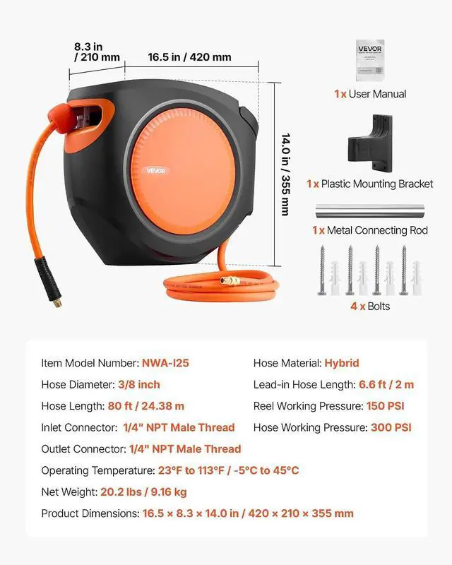 Alt view image 7 of 7 - Retractable Air Hose Reel, 3/8 Inch x 80 FT Hybrid Air Hose Max 300PSI, Enclosed Air-Compressor Hoses Reel Auto Rewind with 6.6 ft Lead in, 180° Swivel Ceiling/Wall Mount for Workshops