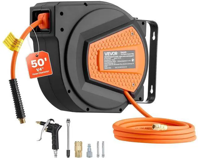 Main image of Retractable Air Hose Reel, 1/4 Inch x 50 FT Hybrid Air Hose Max 300PSI, Enclosed Air-Compressor Hoses Reel Auto Rewind with 6.6 ft Lead in & Blow Gun, 180° Swivel Ceiling/Wall Mount