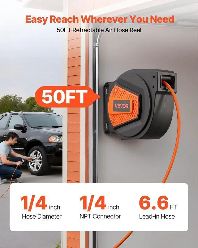 Alt view image 2 of 7 - Retractable Air Hose Reel, 1/4 Inch x 50 FT Hybrid Air Hose Max 300PSI, Enclosed Air-Compressor Hoses Reel Auto Rewind with 6.6 ft Lead in & Blow Gun, 180° Swivel Ceiling/Wall Mount