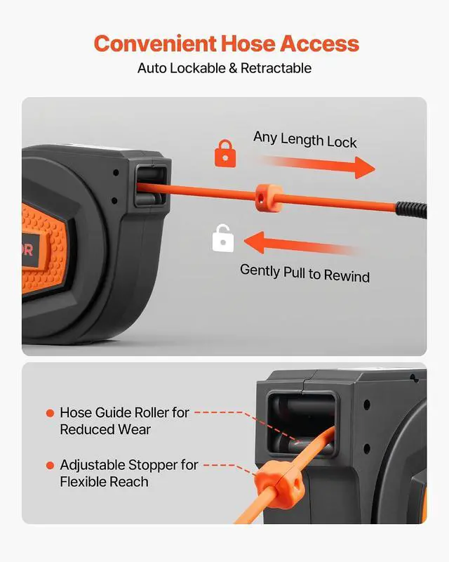 Alt view image 3 of 7 - Retractable Air Hose Reel, 1/4 Inch x 50 FT Hybrid Air Hose Max 300PSI, Enclosed Air-Compressor Hoses Reel Auto Rewind with 6.6 ft Lead in & Blow Gun, 180° Swivel Ceiling/Wall Mount