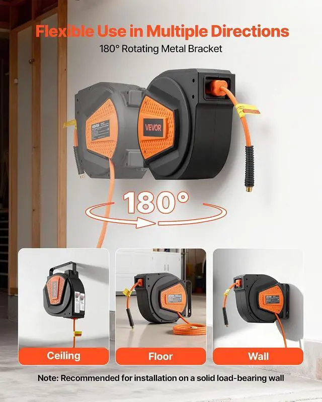 Alt view image 6 of 7 - Retractable Air Hose Reel, 1/4 Inch x 50 FT Hybrid Air Hose Max 300PSI, Enclosed Air-Compressor Hoses Reel Auto Rewind with 6.6 ft Lead in & Blow Gun, 180° Swivel Ceiling/Wall Mount
