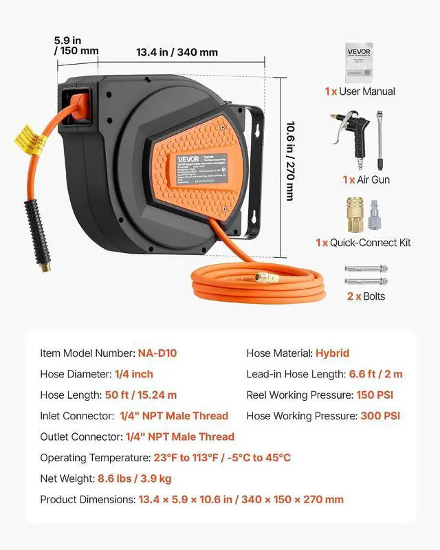 Alt view image 7 of 7 - Retractable Air Hose Reel, 1/4 Inch x 50 FT Hybrid Air Hose Max 300PSI, Enclosed Air-Compressor Hoses Reel Auto Rewind with 6.6 ft Lead in & Blow Gun, 180° Swivel Ceiling/Wall Mount