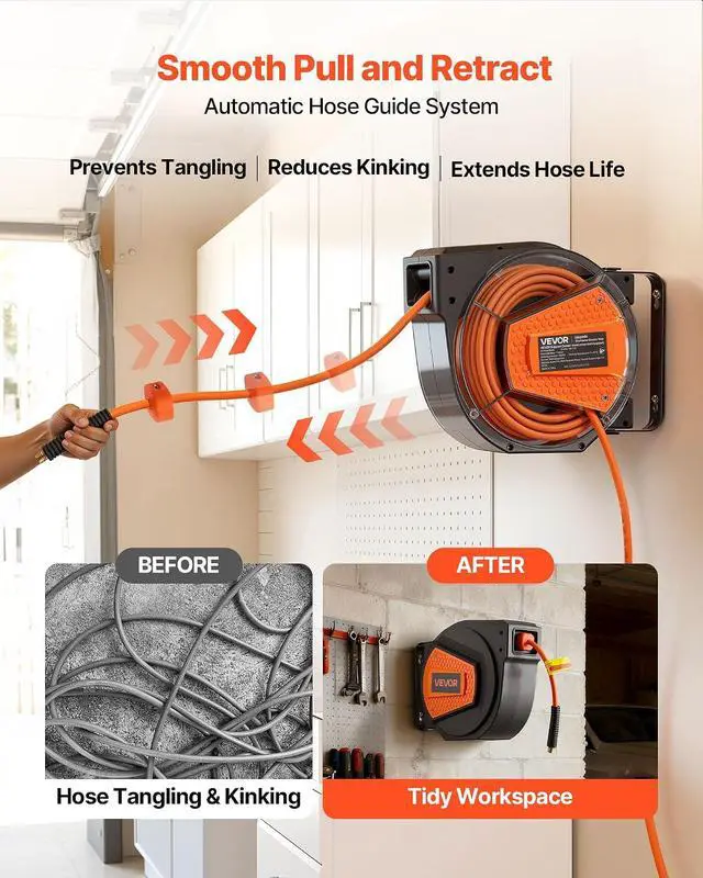 Alt view image 4 of 7 - Retractable Air Hose Reel, 1/4 Inch x 50 FT Hybrid Air Hose Max 300PSI, Enclosed Air-Compressor Hoses Reel Auto Rewind with 6.6 ft Lead in & Blow Gun, 180° Swivel Ceiling/Wall Mount