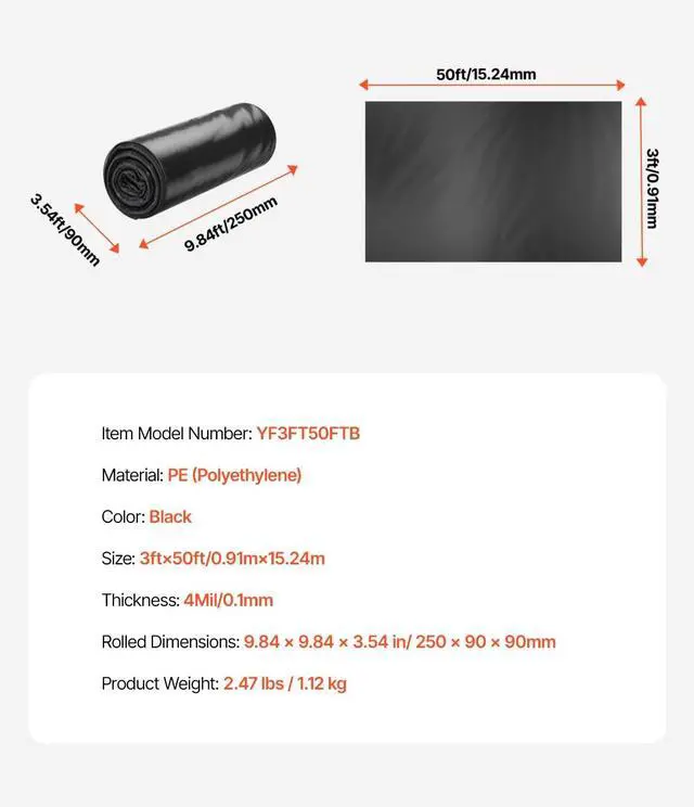 Alt view image 7 of 7 - 3FT x 50FT Plastic Sheeting Heavy Duty, 4 Mil Thick Plastic Sheeting Roll, Plastic Drop Cloth Painters Tarp, Polyethylene Covering for Crawl Space Vapor Barrier, Multi-Purpose, Black