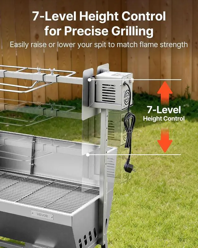 Alt view image 7 of 7 - Rotisserie Grill, 38W Stainless Steel BBQ Outdoor Pig & Lamb Spit Roaster, 132 LBS Load Capacity Charcoal Spit Roaster with 7-Level Height, Electric Rotisserie Grill Kit for Camping Outdoor