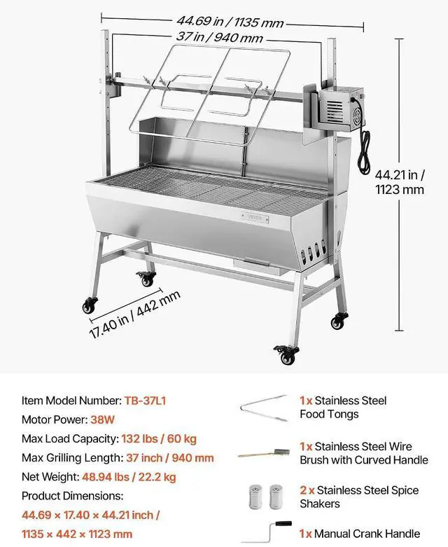 Alt view image 4 of 7 - Rotisserie Grill, 38W Stainless Steel BBQ Outdoor Pig & Lamb Spit Roaster, 132 LBS Load Capacity Charcoal Spit Roaster with 7-Level Height, Electric Rotisserie Grill Kit for Camping Outdoor