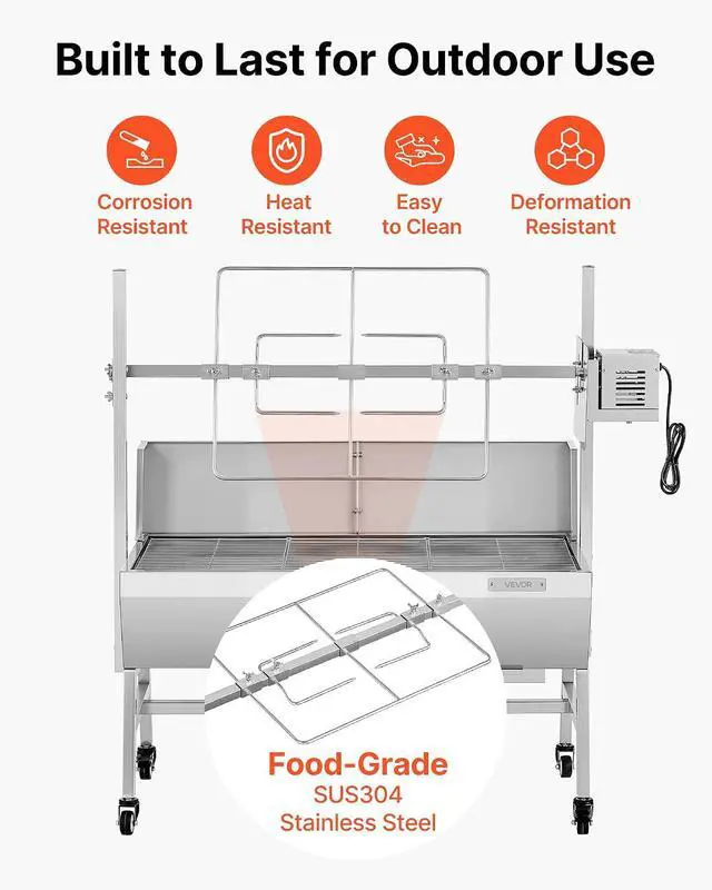Alt view image 6 of 7 - Rotisserie Grill, 37in BBQ Outdoor Pig & Lamb Spit Roaster, Charcoal Spit Roaster with 132 LBS Load Capacity & 7-Level Height, Stainless Steel Electric Rotisserie Grill Kit for Camping Outdoor