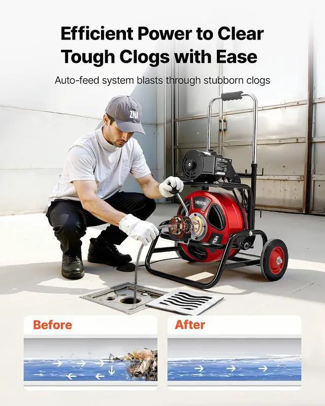Alt view image 5 of 7 - Drain Cleaner Machine 100 FT x 1/2 Inch, Auto Feed Sewer Snake Auger, Portable Drain Cleaning Machine with Climbing Wheels, Adjustable Drum, 8 Cutters & Foot Switch for 2" to 6" Pipes