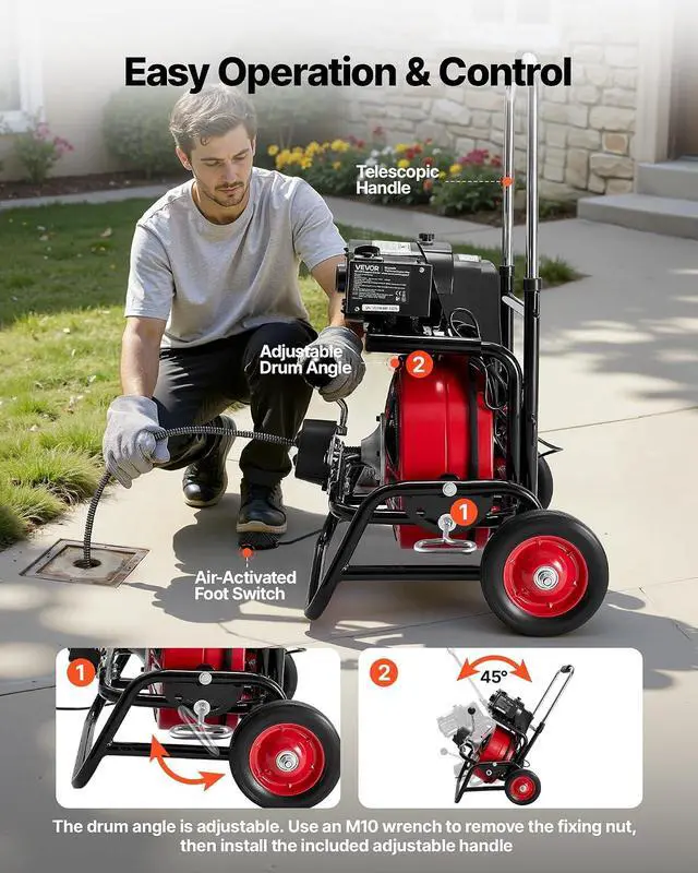 Alt view image 6 of 7 - Drain Cleaner Machine 100 FT x 1/2 Inch, Auto Feed Sewer Snake Auger, Portable Drain Cleaning Machine with Climbing Wheels, Adjustable Drum, 8 Cutters & Foot Switch for 2" to 6" Pipes
