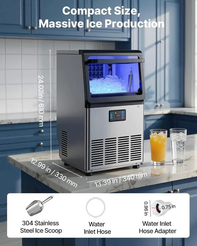 Alt view image 7 of 7 - Commercial Ice Maker Machine, 80 lbs/24h with 13 lbs Storage Capacity, Countertop/Freestanding/Under Counter, Stainless Steel Ice Maker with LED Display & Self-Cleaning, for Home Bar Restaurant
