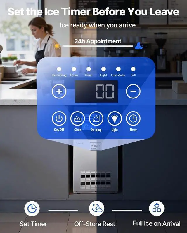 Alt view image 5 of 7 - Commercial Ice Maker Machine, 100 lbs/24h with 30 lbs Storage Capacity, Built-in/Freestanding/Under Counter, Stainless Steel Ice Maker with LED Display & Self-Cleaning, for Home Bar Restaurant