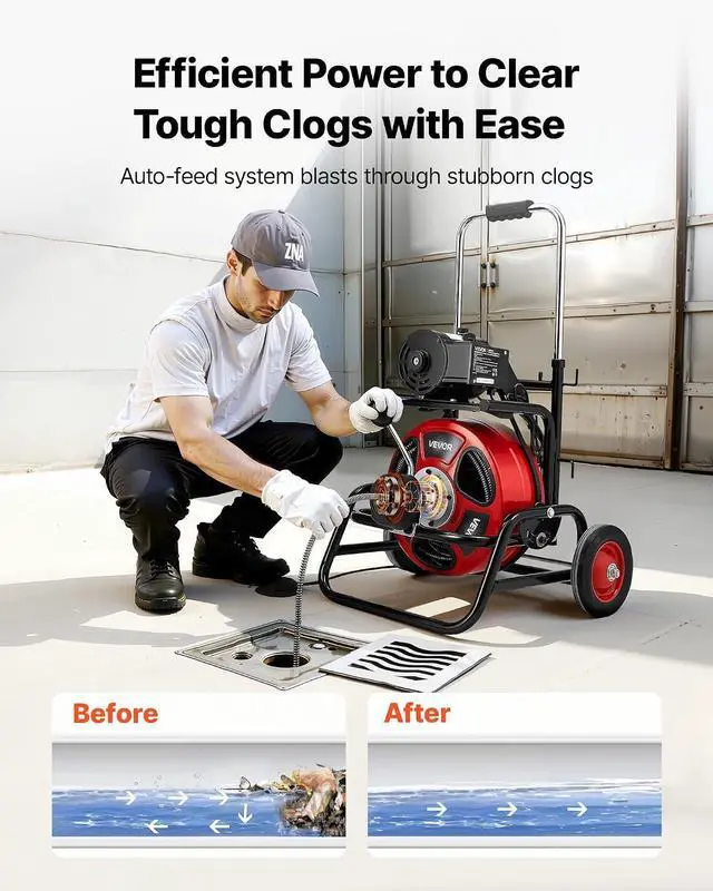 Alt view image 2 of 7 - Drain Cleaner Machine 75 FT x 1/2 Inch, Auto Feed Sewer Snake Auger, Portable Drain Cleaning Machine with Climbing Wheels, Adjustable Drum, 8 Cutters & Foot Switch for 2" to 6" Pipes
