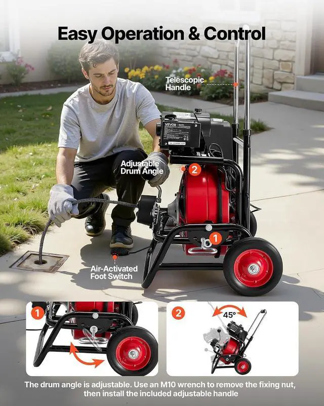 Alt view image 5 of 7 - Drain Cleaner Machine 75 FT x 1/2 Inch, Auto Feed Sewer Snake Auger, Portable Drain Cleaning Machine with Climbing Wheels, Adjustable Drum, 8 Cutters & Foot Switch for 2" to 6" Pipes