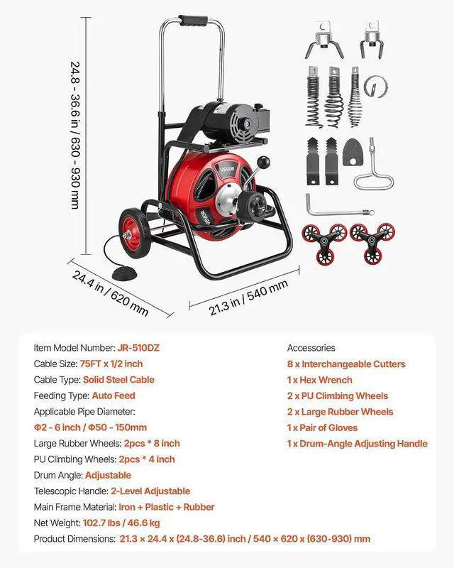 Alt view image 7 of 7 - Drain Cleaner Machine 75 FT x 1/2 Inch, Auto Feed Sewer Snake Auger, Portable Drain Cleaning Machine with Climbing Wheels, Adjustable Drum, 8 Cutters & Foot Switch for 2" to 6" Pipes