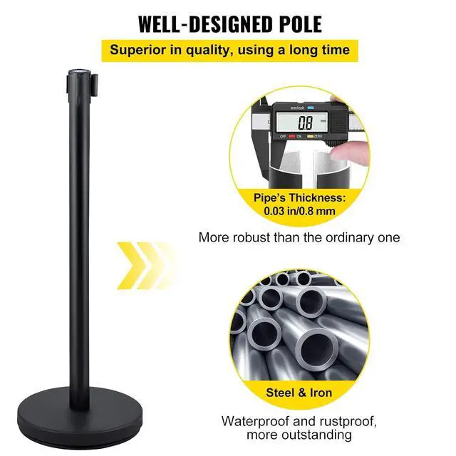 Alt view image 3 of 7 - Crowd Control Stanchion Set, Stanchion Set with 6.6 ft/2 m Black Retractable Belt, Black Crowd Control Barrier w/Concrete and Metal Base - Easy Connect Assembly (4)