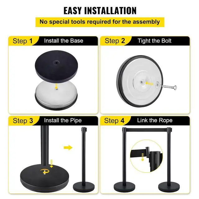 Alt view image 6 of 7 - Crowd Control Stanchion Set, Stanchion Set with 6.6 ft/2 m Black Retractable Belt, Black Crowd Control Barrier w/Concrete and Metal Base - Easy Connect Assembly (4)