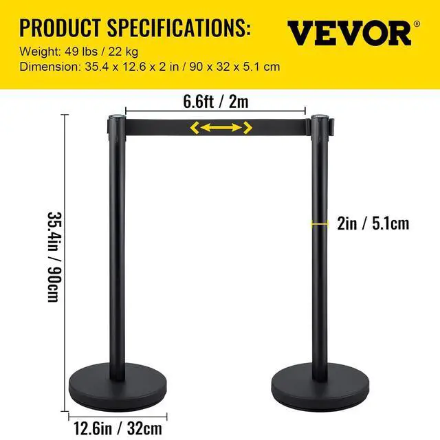 Alt view image 7 of 7 - Crowd Control Stanchion Set, Stanchion Set with 6.6 ft/2 m Black Retractable Belt, Black Crowd Control Barrier w/Concrete and Metal Base - Easy Connect Assembly (4)