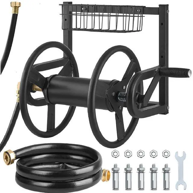 Main image of Wall Mounted Garden Hose Reel, Holds 125 ft 5/8-inch Hose, Heavy-Duty Water Hose Winder, Space-Saving Design, Outdoor Manual Reel with Brass Fitting and Storage Basket for Yard Lawn